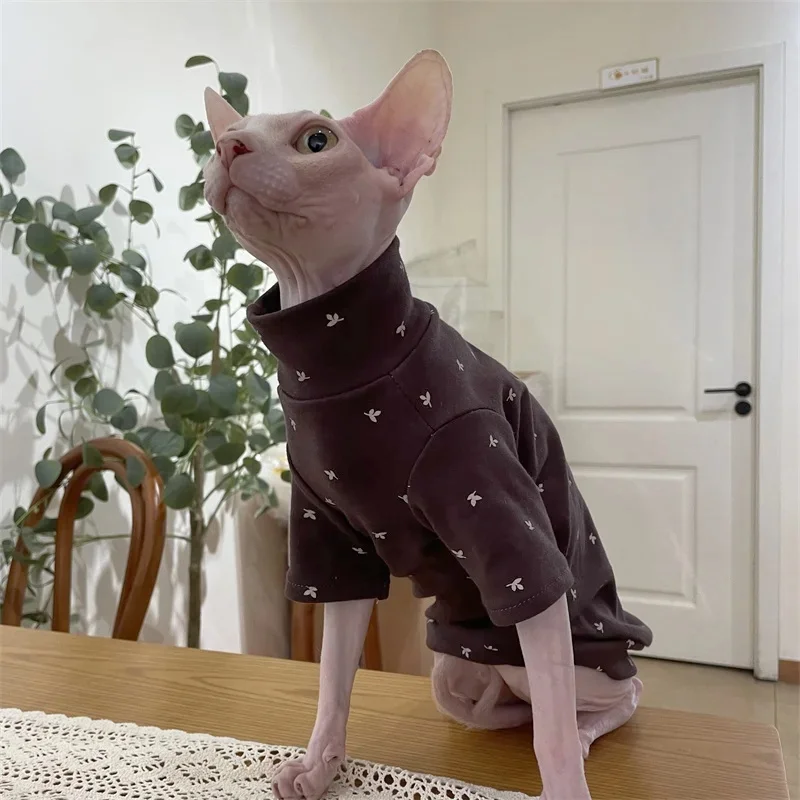 Cat Clothing for Winter Thick Cotton Floral Coat for Sphinx Spring Coffee Undershirt for Cats Soft Loungewear for Hairless Cat