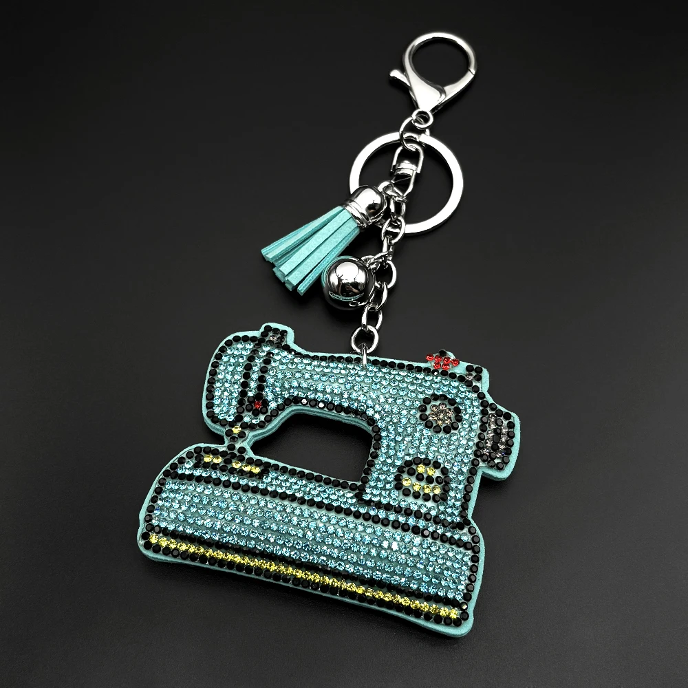 Vintage Sewing Machine Rhinestone Keychain Bling Crystal Tassel Bell Gift Tailor Sewing Lover DIY Crafter Keyholder Jewelry