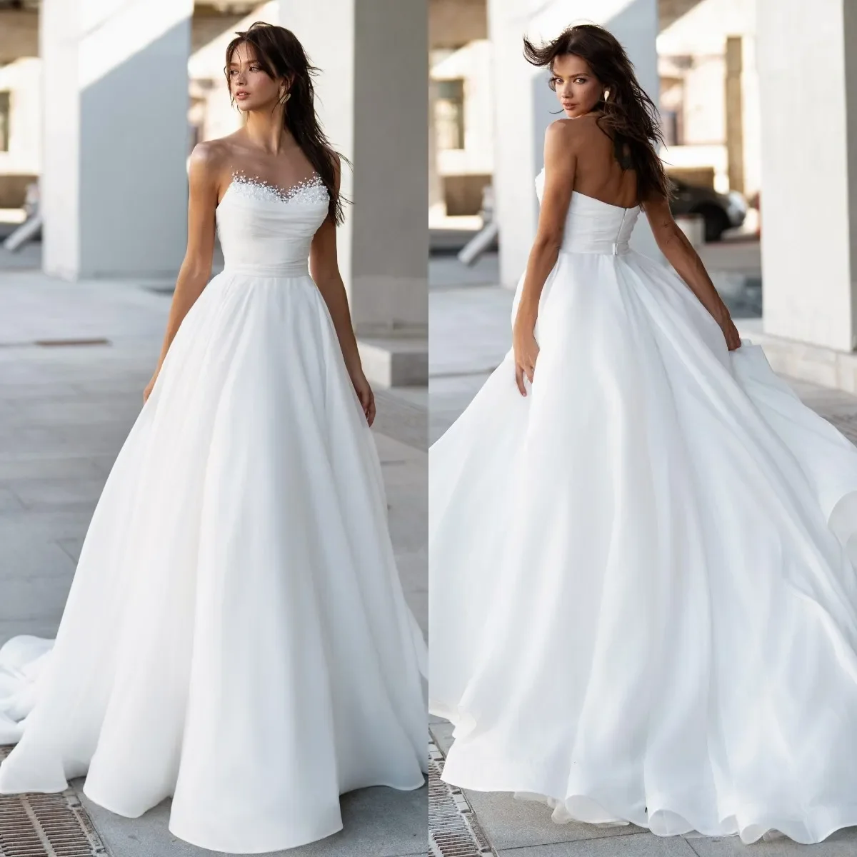 Abito da sposa di lusso con perle da principessa Sexy scollo a v senza schienale a-line lunghezza del pavimento elegante abito da festa nuziale all'aperto da spiaggia romantica