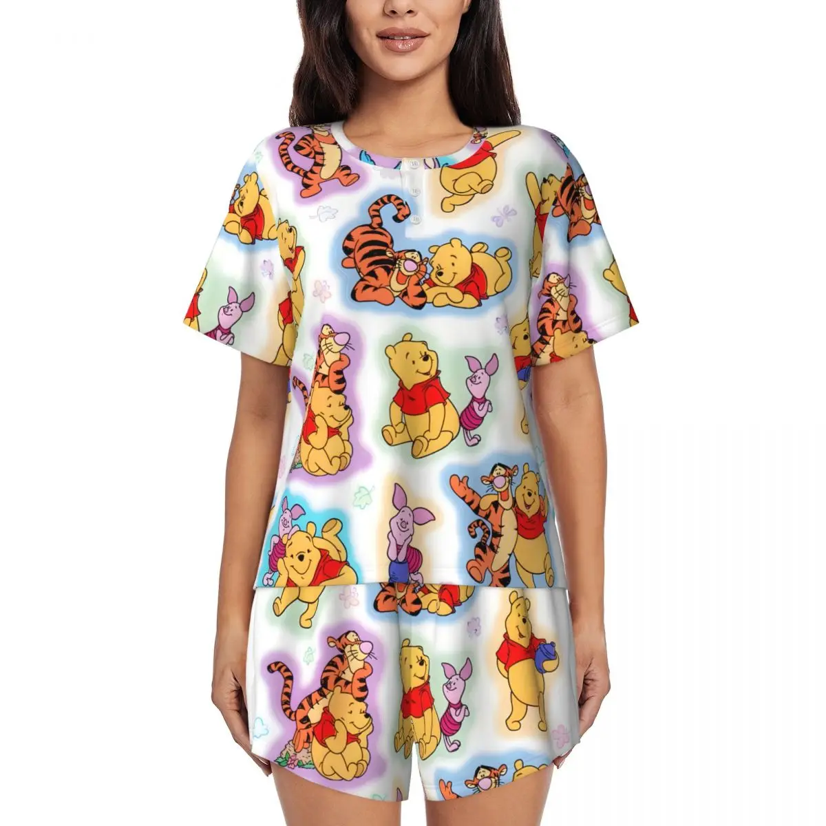 

Women Winnie The Pooh Pajamas Set Custom Print Short Sleeve Sleepwear Loungewear Pjs 2 Piece Sets