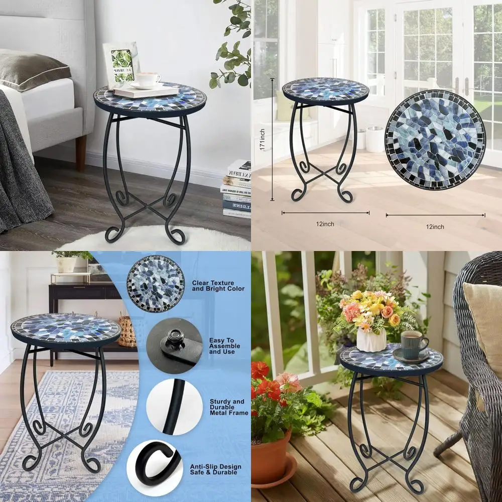 

Outdoor Side Table,12" Round Ceic Tile Tabletop Accent Table with Metal e, Indoor Small Decorative Plant Stand & End Table or Ho