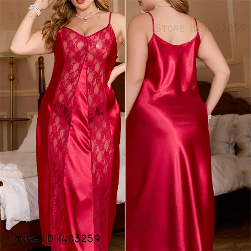 

PLUS SIZE 5XL Female Long Nightgown Chemise Sleepwear Sexy Perspective Lace nightdress Lingerie Ice Silk Home Dress Lounge Wear