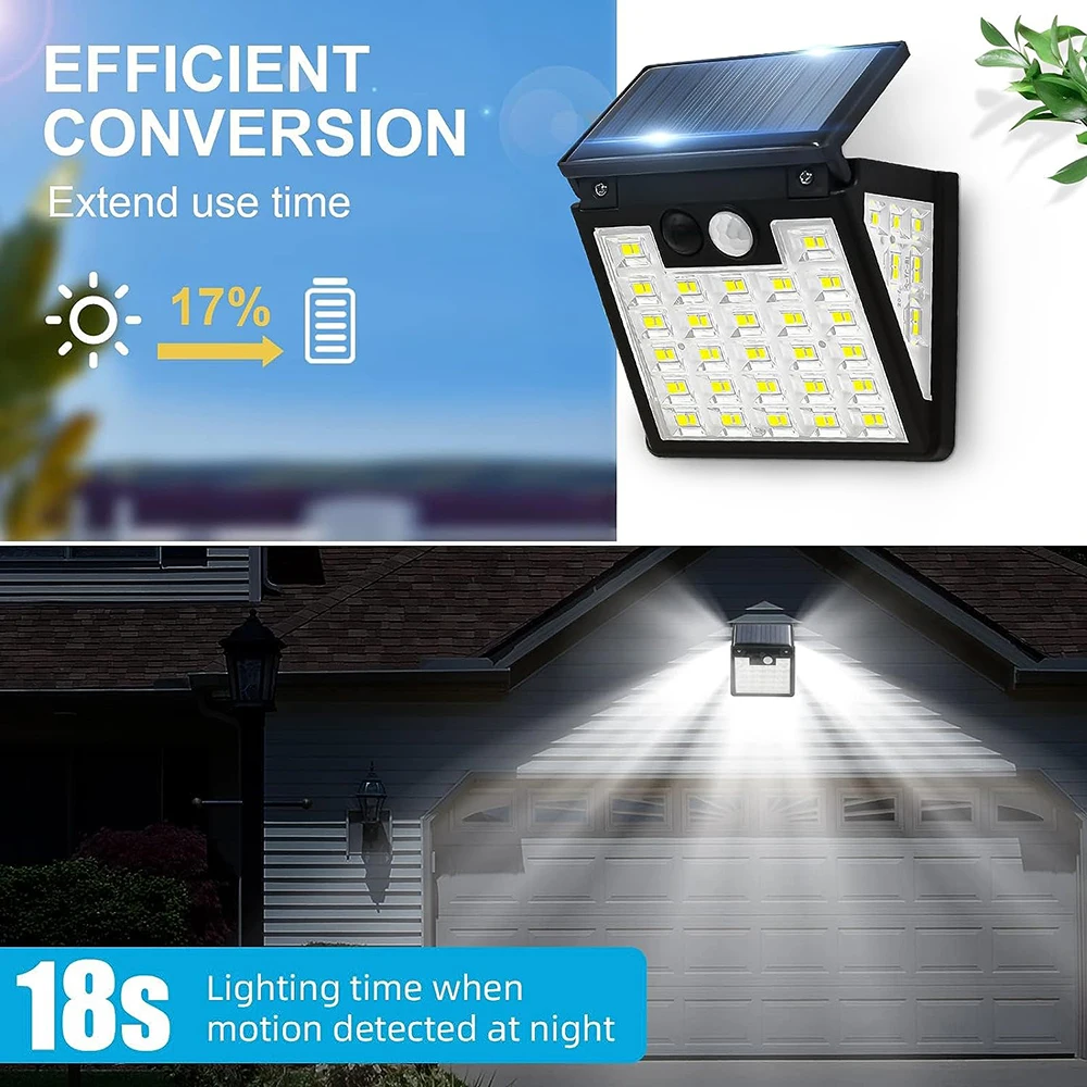 Solar Motion Sensor Security Light with Adjustable Solar Panel 3 Modes Waterproof Solar Powered Light for Wall Fence Garage