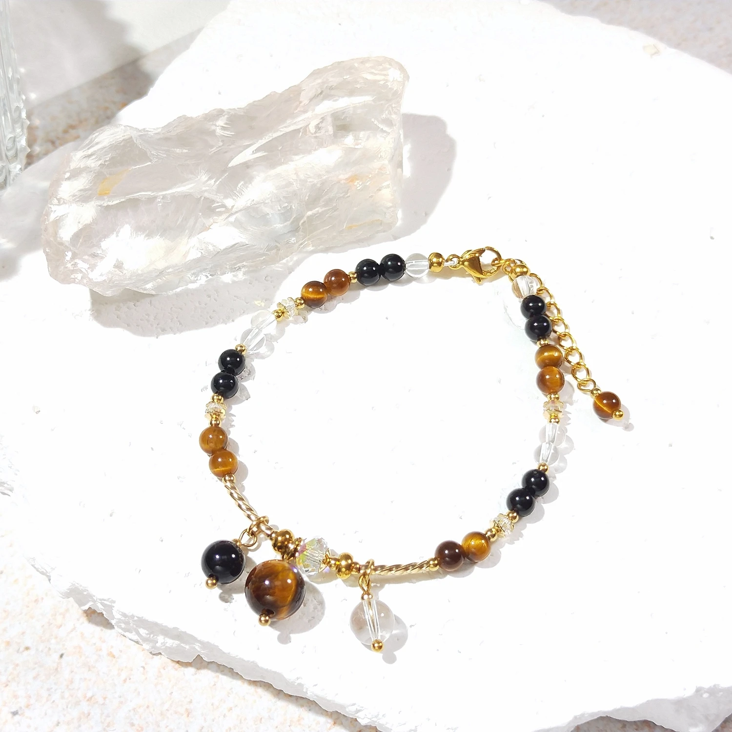 

Lii Ji Natural Black Agate Clear Quartz Tiger's Eye 4mm 14K Gold Filled Stainless Steel Bracelet Handmade Fashion Jewelry
