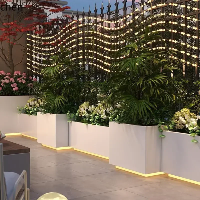 DSAOutdoor Stainless Steel Flower Box and Stool Set Garden Landscape Iron Art Leisure Seat Flower Bed Fence Partition