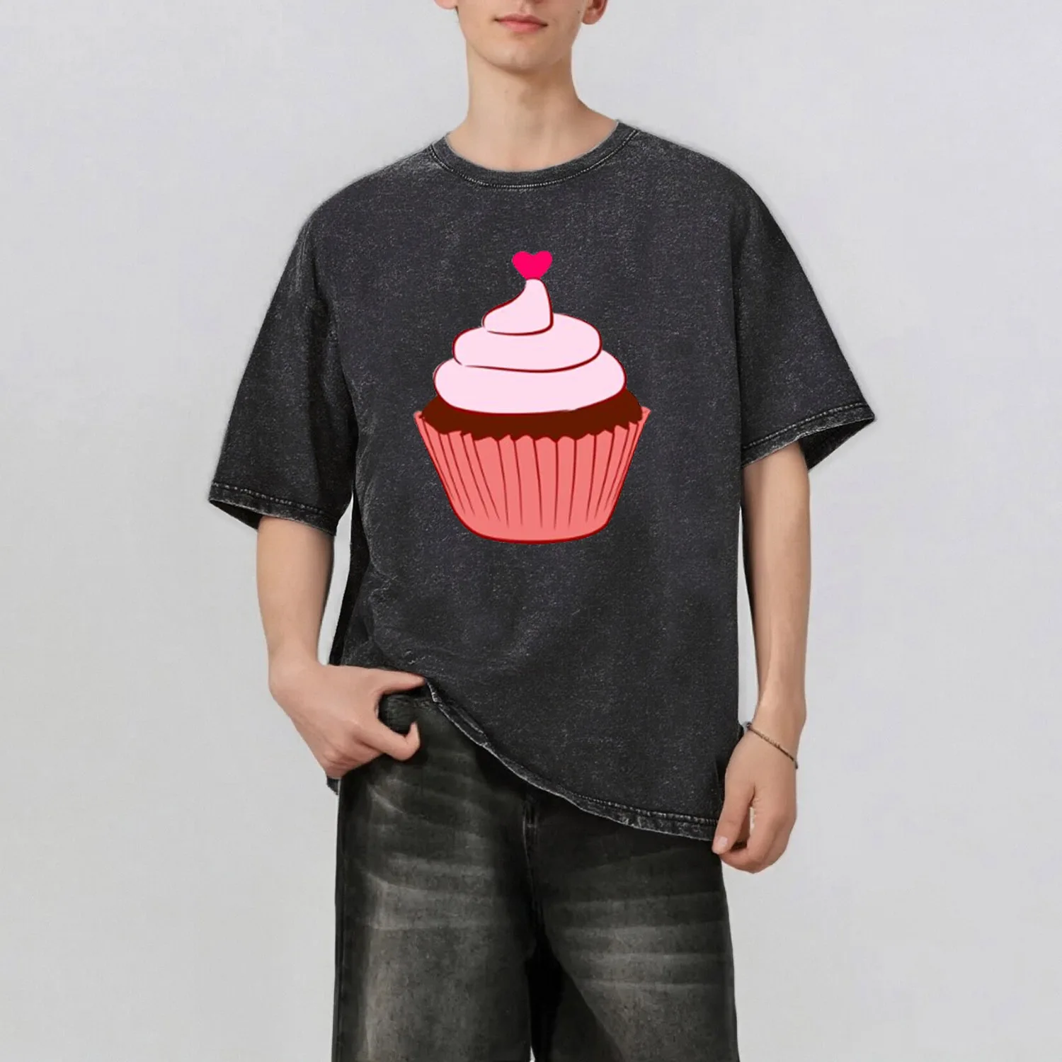 

Cake Pattern Rint Men's Summer Retro Style Washed Water T-Shirt Casual Short Sleeved Basic Men's Top 230G