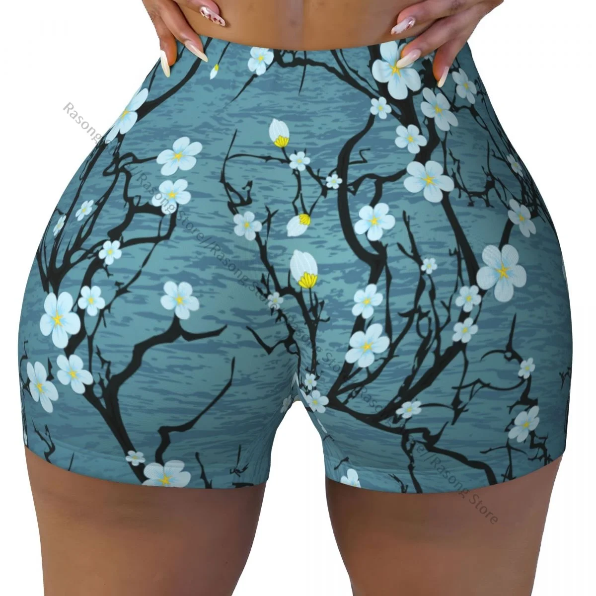 Sexy tight hip sports shorts Floral Sakura Tree Branches Japanese Cherry Blossom Style fitness women's comfortable yoga shorts