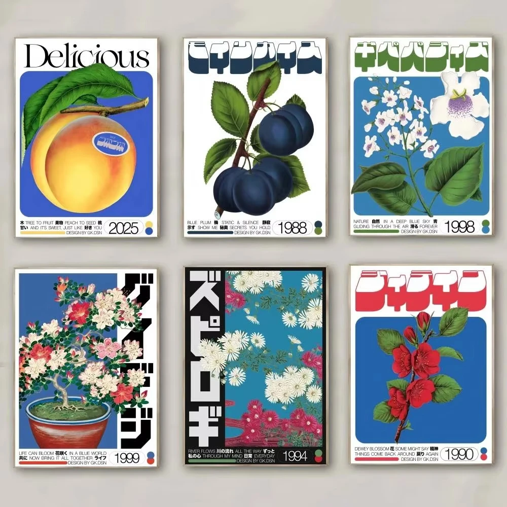 Japanische Retro-Blumen, Früchte, Bäume Poster Retro Abstrakte Leinwanddrucke Tiere Wandkunst Leinwandgemälde für Wohnzimmerdekoration