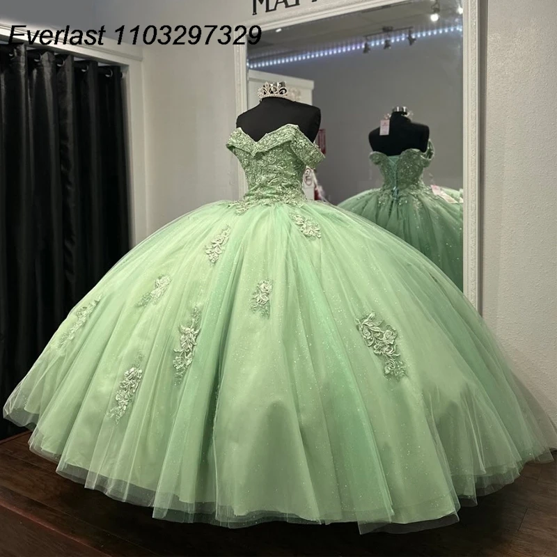 

EVLAST Sage Quinceanera Dress Ball Gown Sequins Lace Applique Beaded Crystal With Bow Corset Sweet 16 Vestidos De 15 Anos TQD753