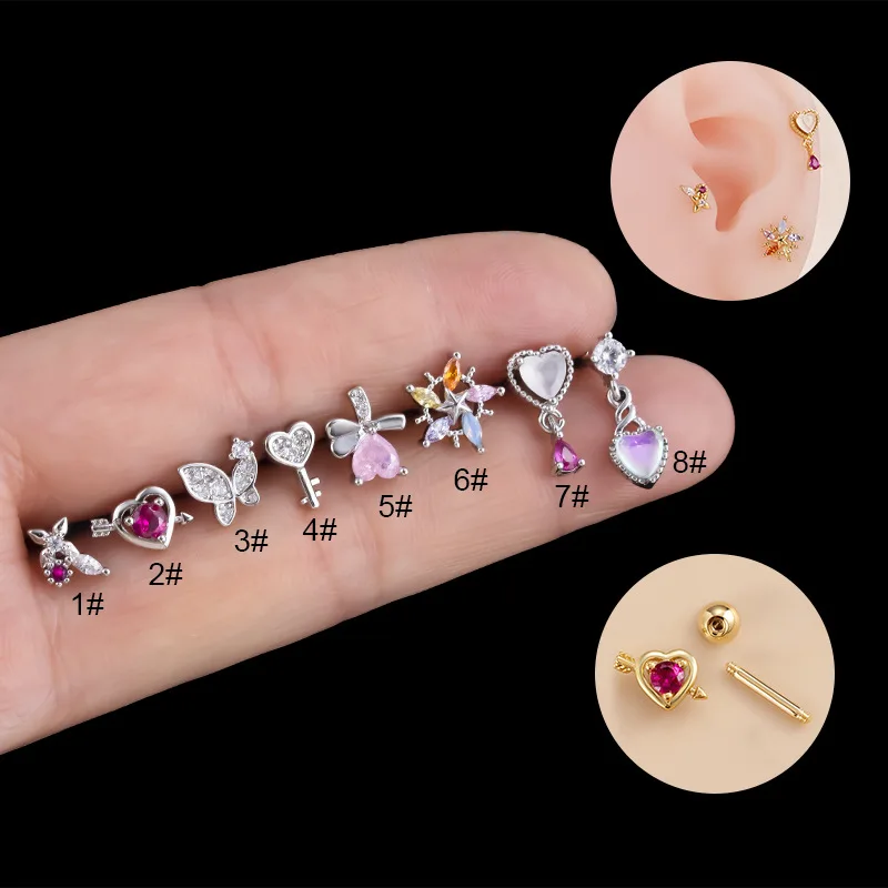 Guemcal 1 Pair Double Head Thread Thick Rod Pink Zircon Love Butterfly Flower Ear Bone Nail Cartilage Piercing Nail