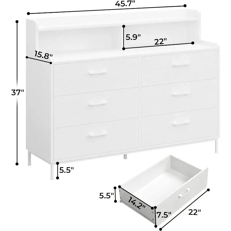 6 Drawers Double Dresser with Shelves, Large Wooden Storage Tower Organizer, Wide Chest of Drawers, White Dresser