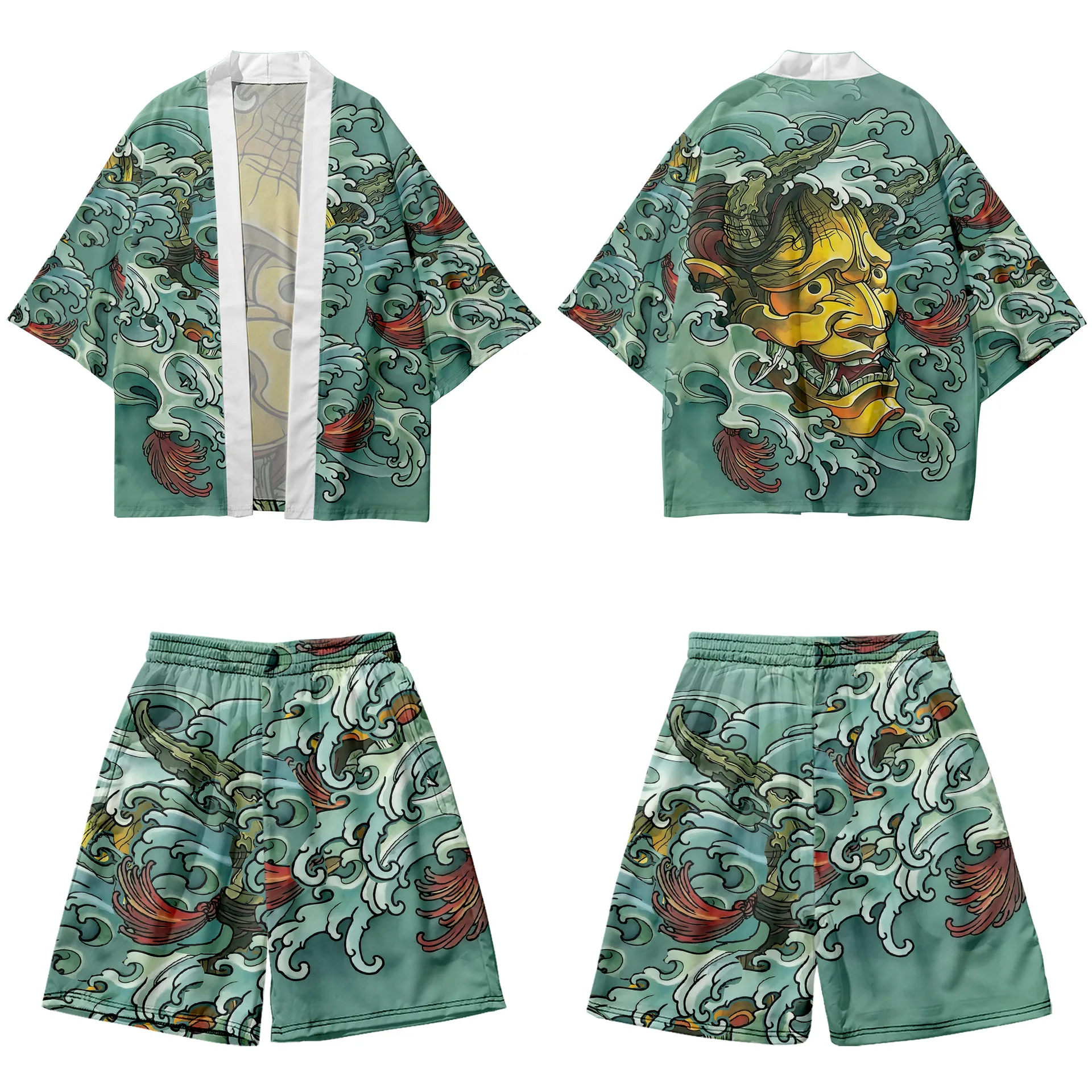 

Japanese Summer Two-piece Suit Vintage Loose Cardigan Newest Haori Yukata Green Demon Print Kimono Shorts Sets