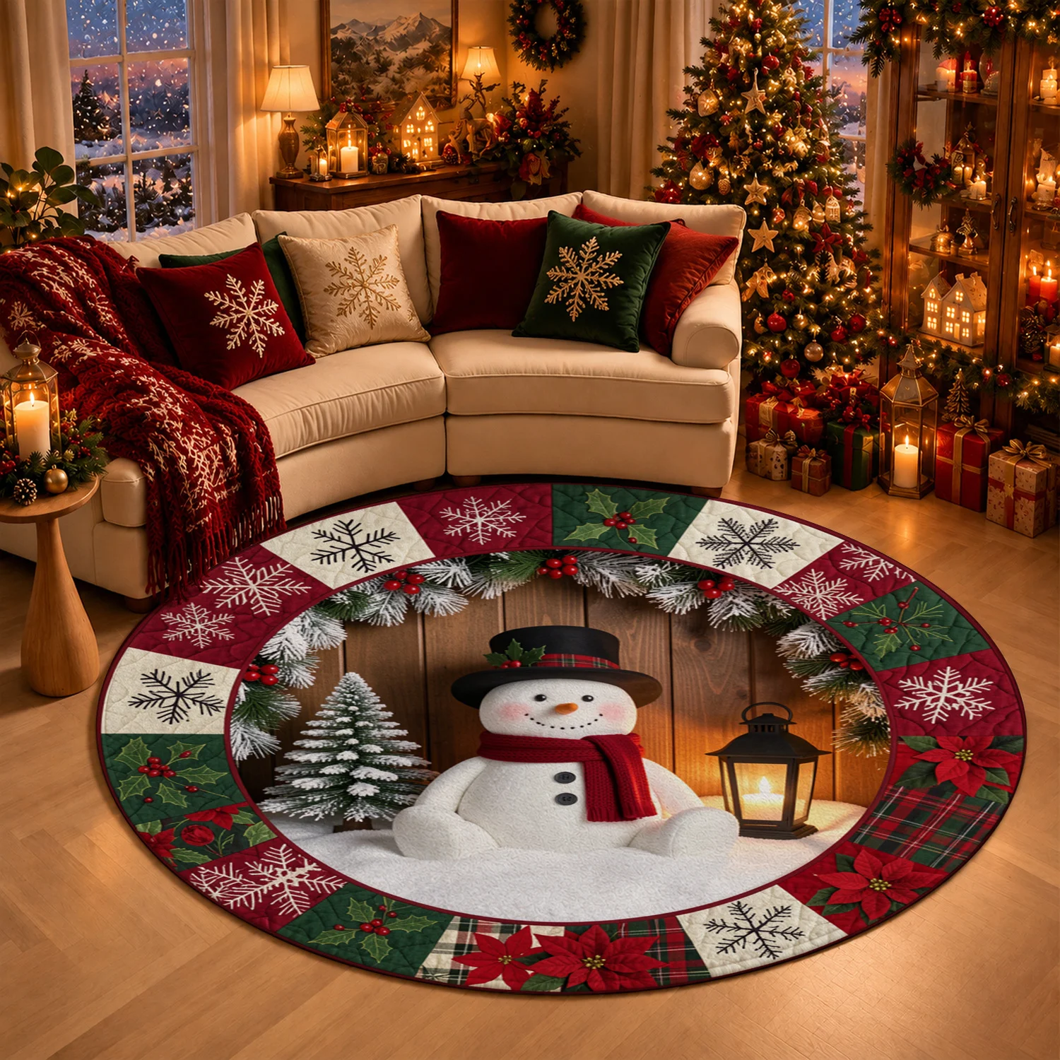 Christmas Snowman Poinsettia Snowflake Pattern Round Velvet Decorative Mat Machine Washable for Dining Table Centerpiece Living Room Accent Entryway Decor Perfect for Halloween Thanksgiving Black Friday Cyber Monday Christmas New Year