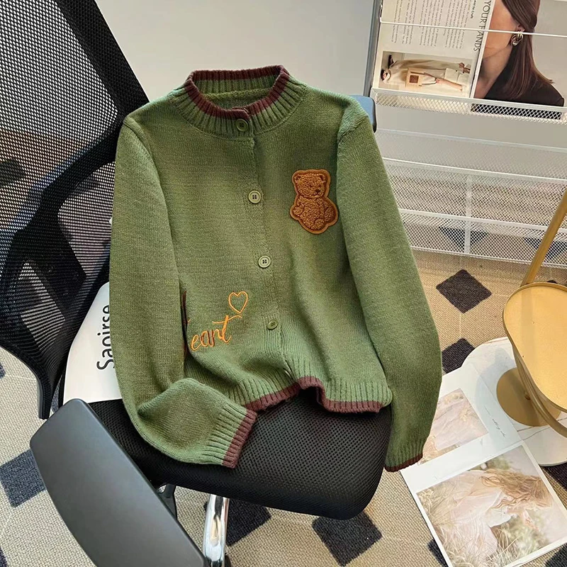 Sweet and cute bear contrast color embroidery knitted cardigan autumn and winter new round neck loose shirt long sleeve top