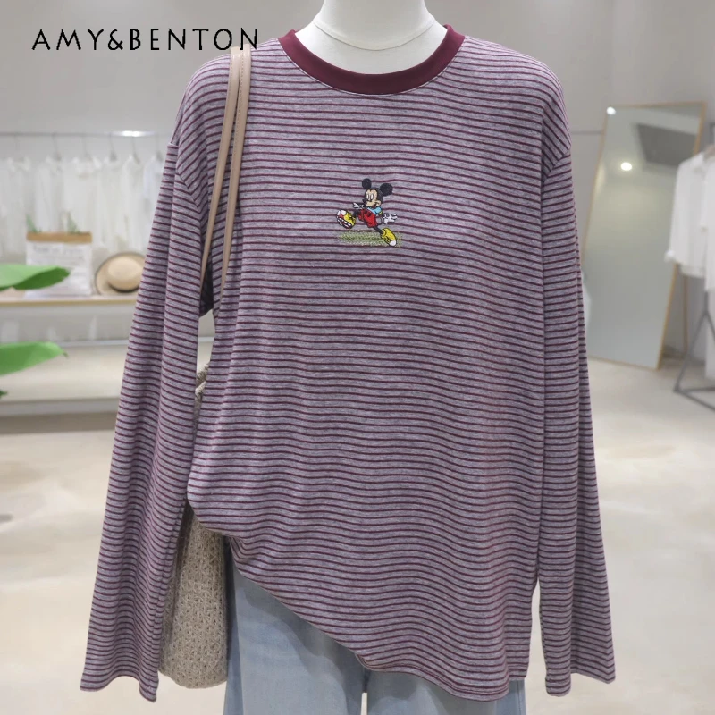 

Soft Comfortable Stretchy Cartoon Embroidery T-shirt Autumn Loose Slimming Versatile Thin Striped Long Sleeves Top Tees Ladies