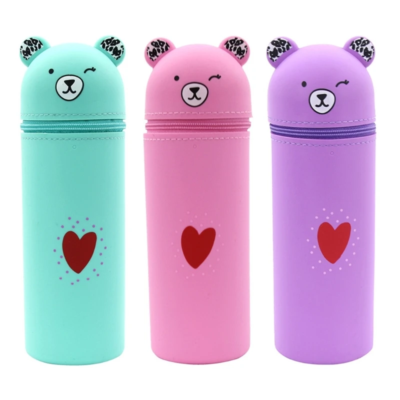 Cartoon Bear Pencil Bag Zippered Silicone Pen Case Big Capacity Pen Holder for Student Kid Christmas Birthday Gift Dropship