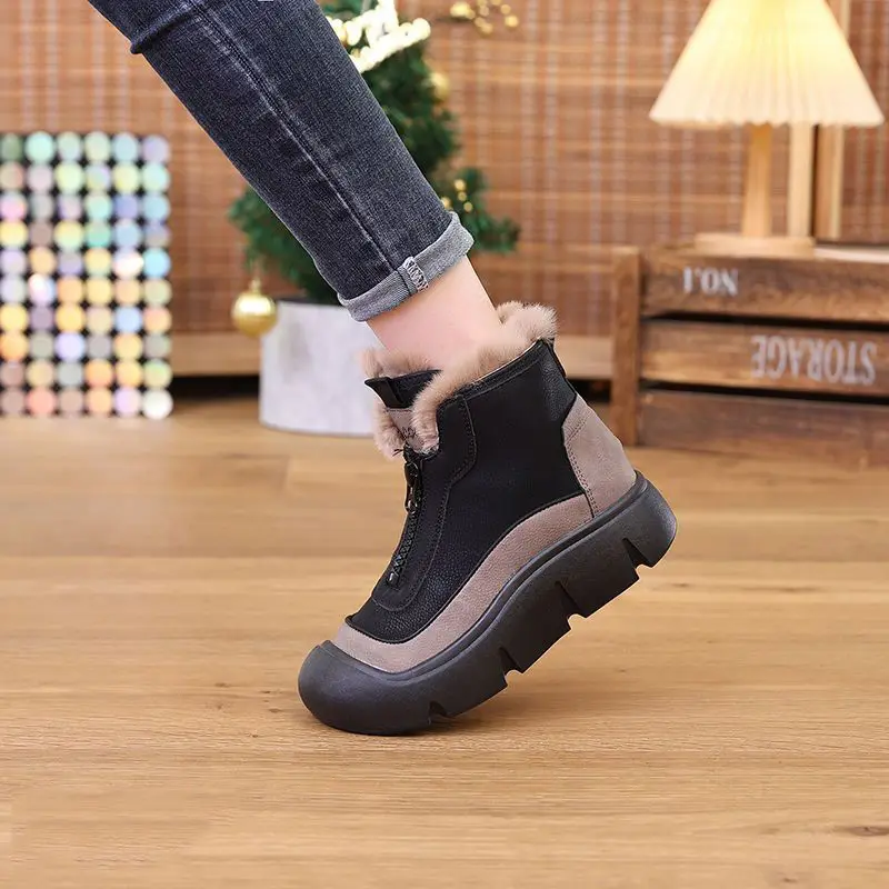 Trendy Color Blocked Short Boots 2024 Winter New Round Head Flat Bottom Casual Warm Short Tube Thick Bottom Women\'s Cotton Boots
