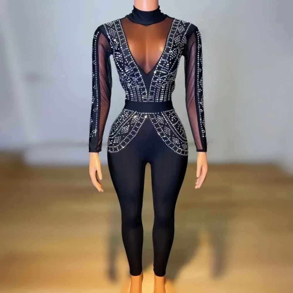 

New Black Color Silver Rhinestones Sexy Bodycon Jumpsuit Fashion Celebrate Birthday Party Jumpsuit Nighclub Bar Singer Wear