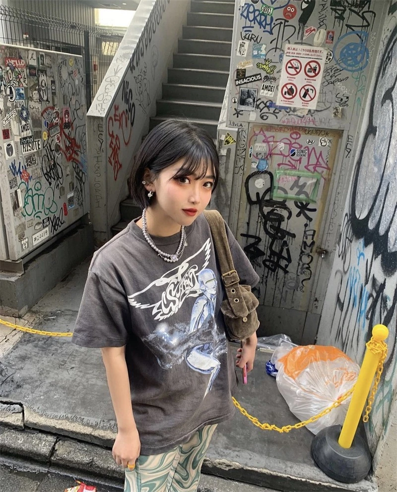 Vintage Tee Summer Retro Washed High Street Print Short Sleeves Casual Loose Street Clothing Pure Cotton High Quality Oversize