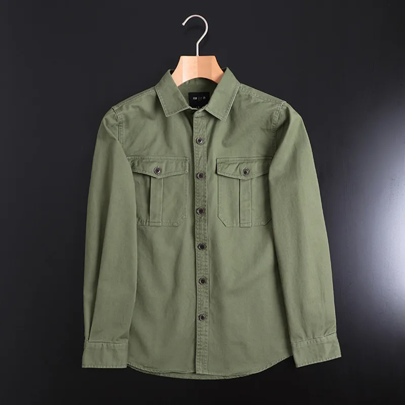 Twill Yarn Card Washed Japanese Single Men\'s Clothing Tooling Cotton Long Sleeve Shirt Outoor Hiking Trekking Military Uniform