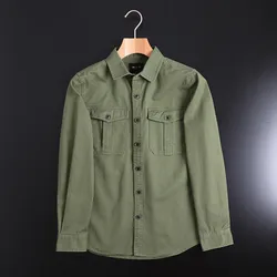 Twill Yarn Card Washed Japanese Single Men's Clothing Tooling Cotton Long Sleeve Shirt Outoor Hiking Trekking Military Uniform