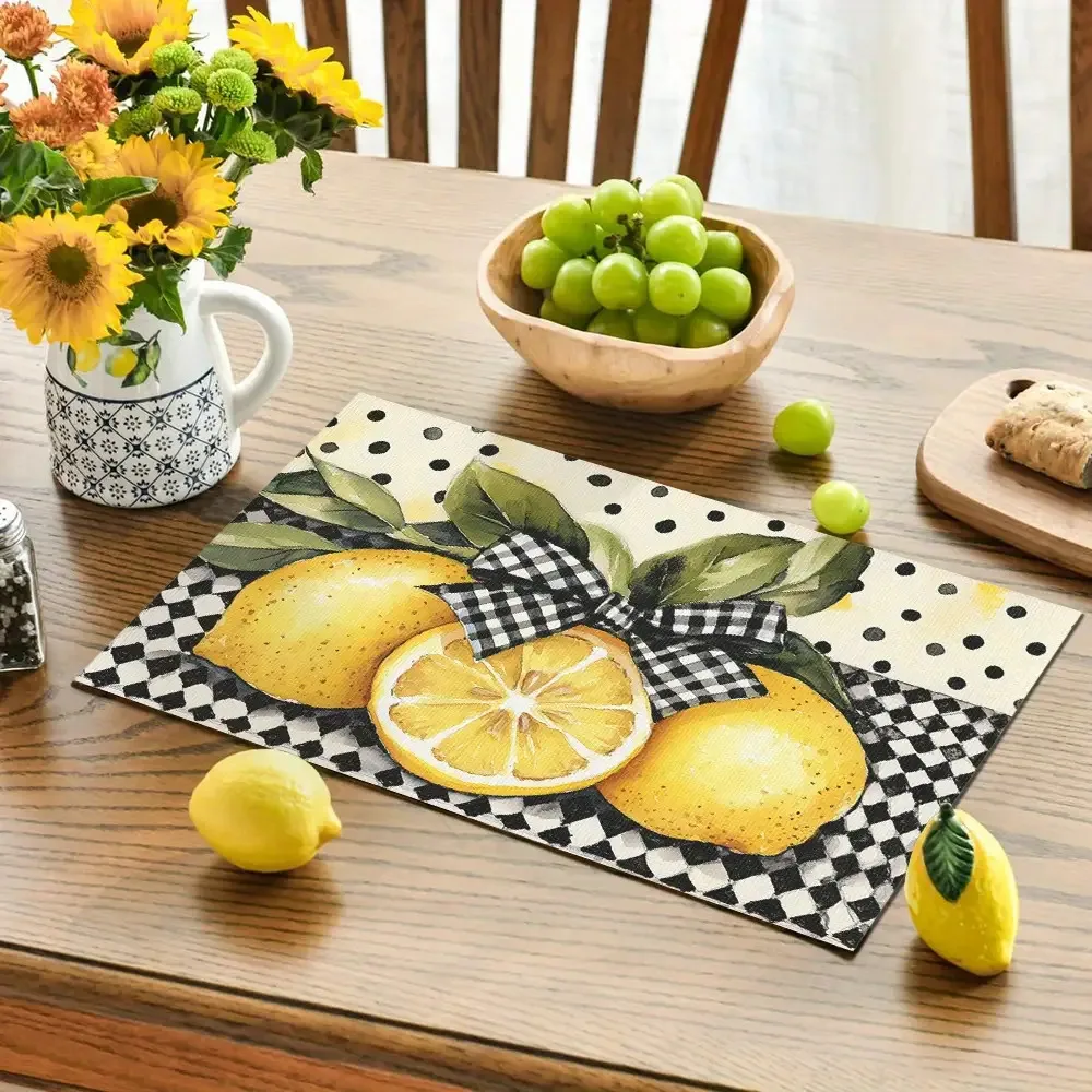 2pc Of LemonPatterned Checkered Placemats Washable Rectangular Table Mats Featuring Lemon Slices And A Black And White DesignPer