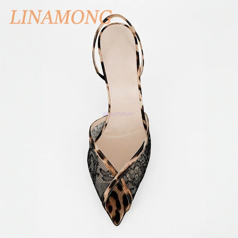 Lace Leopard Print Cool Mop Fashionable and Simple Black Pointed Toe One Foot Strap Temperament Slim High-Heeled Sandals
