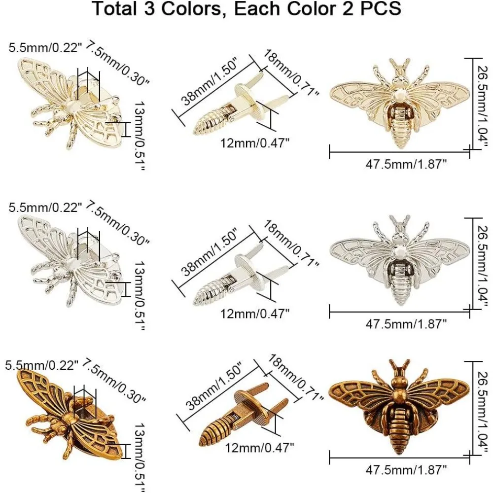 6 Sets 3 Colors Bee Twist Lock Light Gold Tuck Lock Bag Clasp Accessories for Leather Bag DIY Bronze/Platinum/Light Gold