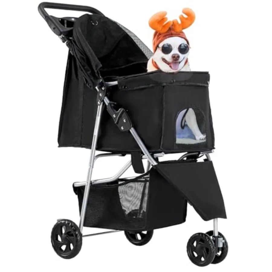 

Pet Stroller for Dogs and Cats: Foldable 3-Wheel, Polyester Fabric, Gray, Waterproof Cover, Storage Compartment Cup Holder