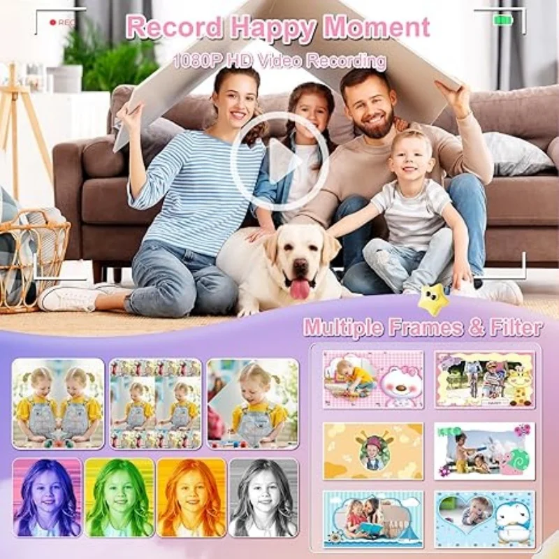 Cámara Digital de impresión instantánea para niños, cámara de vídeo y fotografía de 1080H con tarjeta de 32GB para niños y niñas, regalo de cumpleaños y Navidad