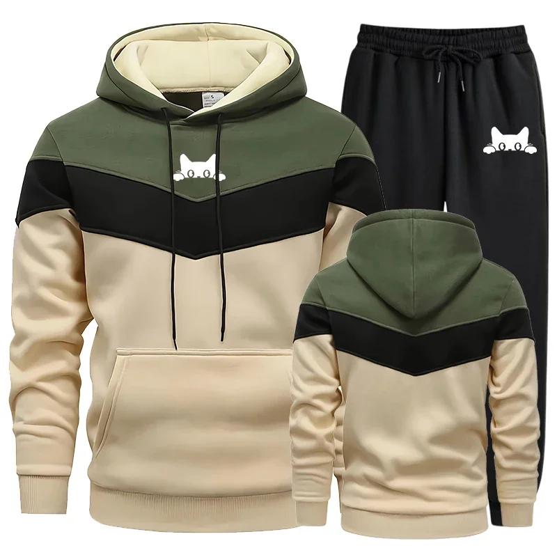 

Cute Cat Printed Mens Tracksuit Sports Suit Sports Hoodie+Pants 2 Pcs Suit Casual Sweatshirt Suit Jogging Mens Splicing Clothing
