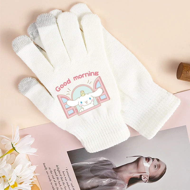 Sanrio Cinnamoroll Girl White Finger Glove Outdoor Casual Walk Street Winter Ride Bike Warm Kawaii Knitted Glove Vogue Xmas Gift