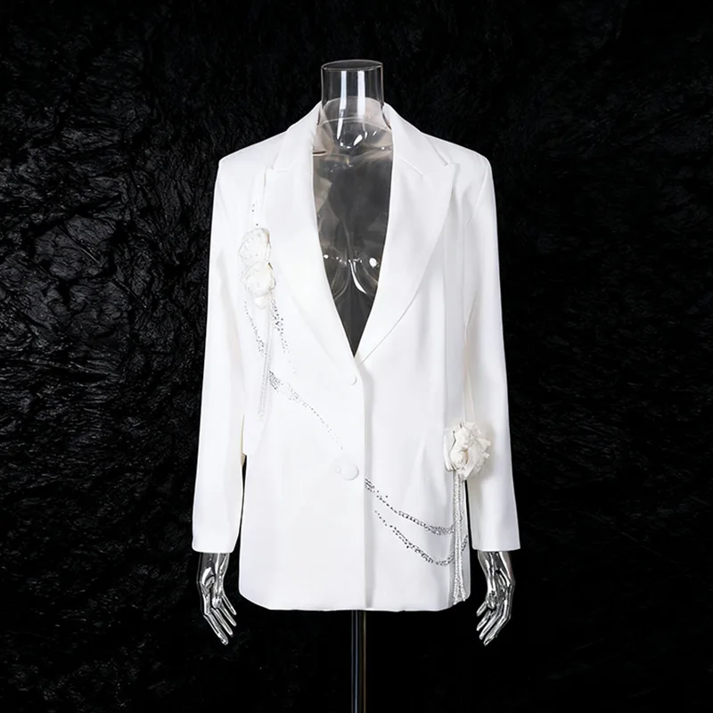 ZAMOR HIGH STREET Women's French Style 3D Flower Tassel Rhinestone Blazer 2026 New Commuter Solid Color Suit Jacket