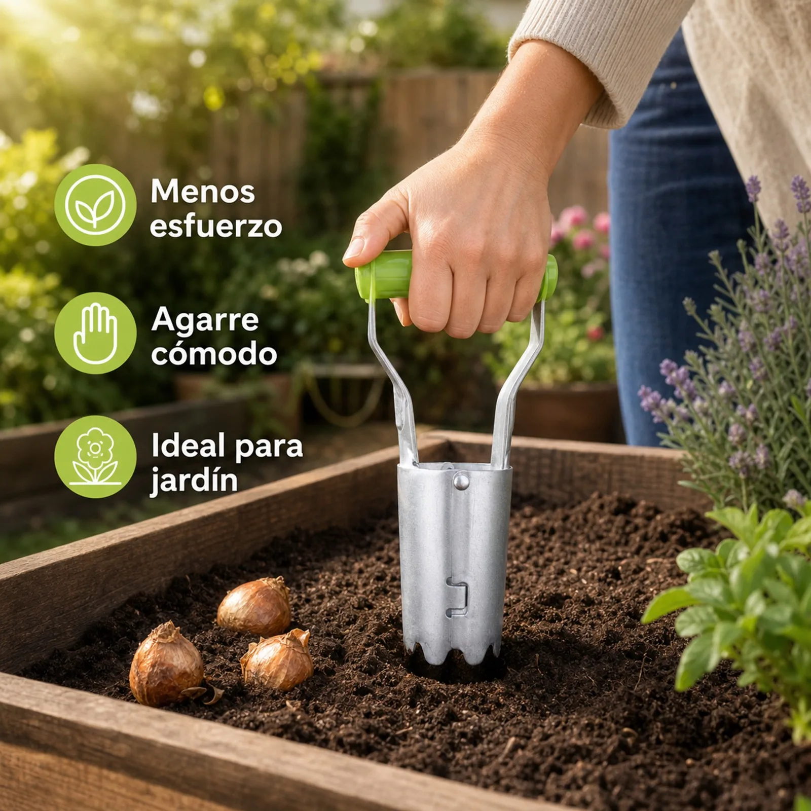 Planteur manuel en fer galvanisé avec poignée verte ergonomique, outil de jardinage pour une plantation rapide et précise, transplanteur de fleurs et de légumes 12x6x24cm
