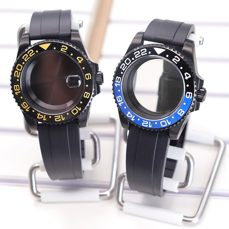 40mm Black Men's Watch Cases Rubber Strap For Seiko Nh35 Nh34 Nh36/38 Miyota8215 Eta2824 Movement 28.5mm Dial Double Color Bezel