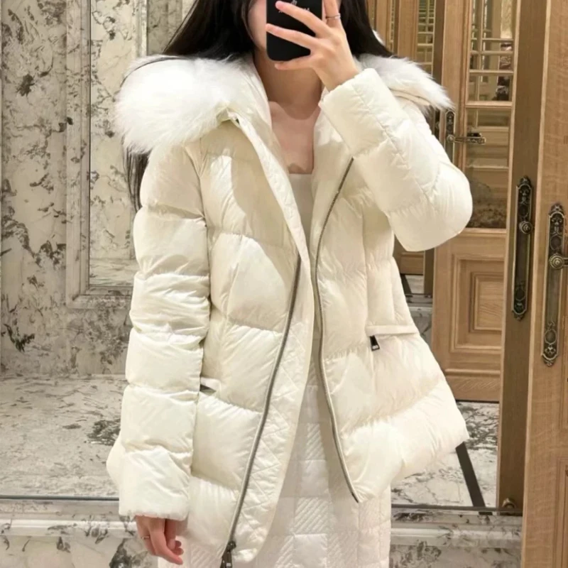 Women\'s Down Jacket Winter New Puffer Coats Simple Slim Waistband Outerwears Large Fur Collar Thick Warm Mid-length Down Coats