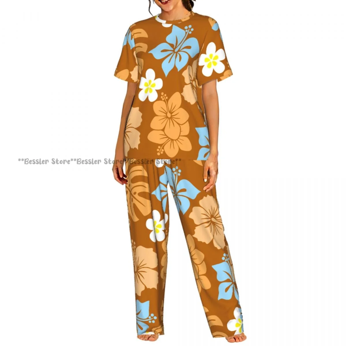 

Женская комфортная пижама с коротким рукавом, оранжевая, с тропическим принтом, комплект для сна