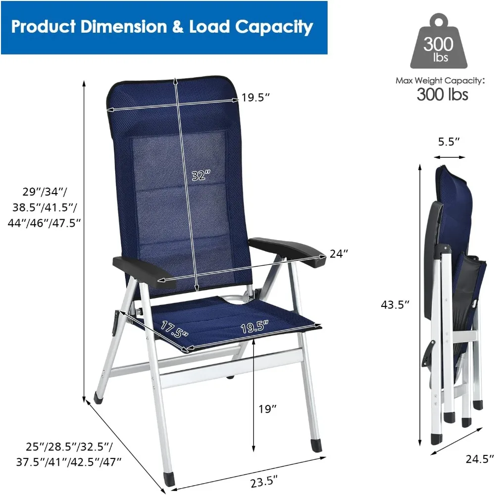 Conjunto de 2 cadeiras dobráveis para pátio, reclináveis com 7 posições ajustáveis e apoios de cabeça acolchoados, ideais para uso ao ar livre