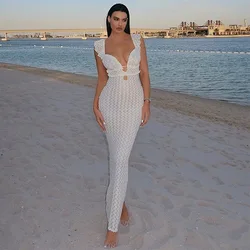 Elegant  Women Holiday Beach Dress Deep V-neck Ruffled Sleeveless Sexy Backless High Waist Bodycon Summer  Knitted Maxi Dress