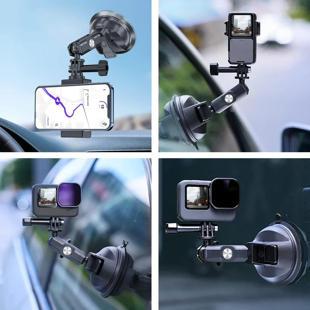 TELESIN Suction Cup 360 Adjustable Car Mount with Phone Holder for DJI Action GoPro Hero 13 12 11 10 9 Insta360 X5 X4 X3 Ace Pro