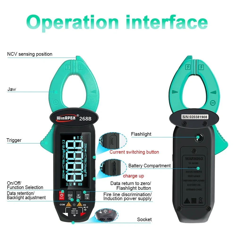 WinAPEX Leakage Current Detect Clamp Meter 0.1mA True RMS 60A AC DC Current Voltage Temp Type-C Screen Rotation NCV Multimeter