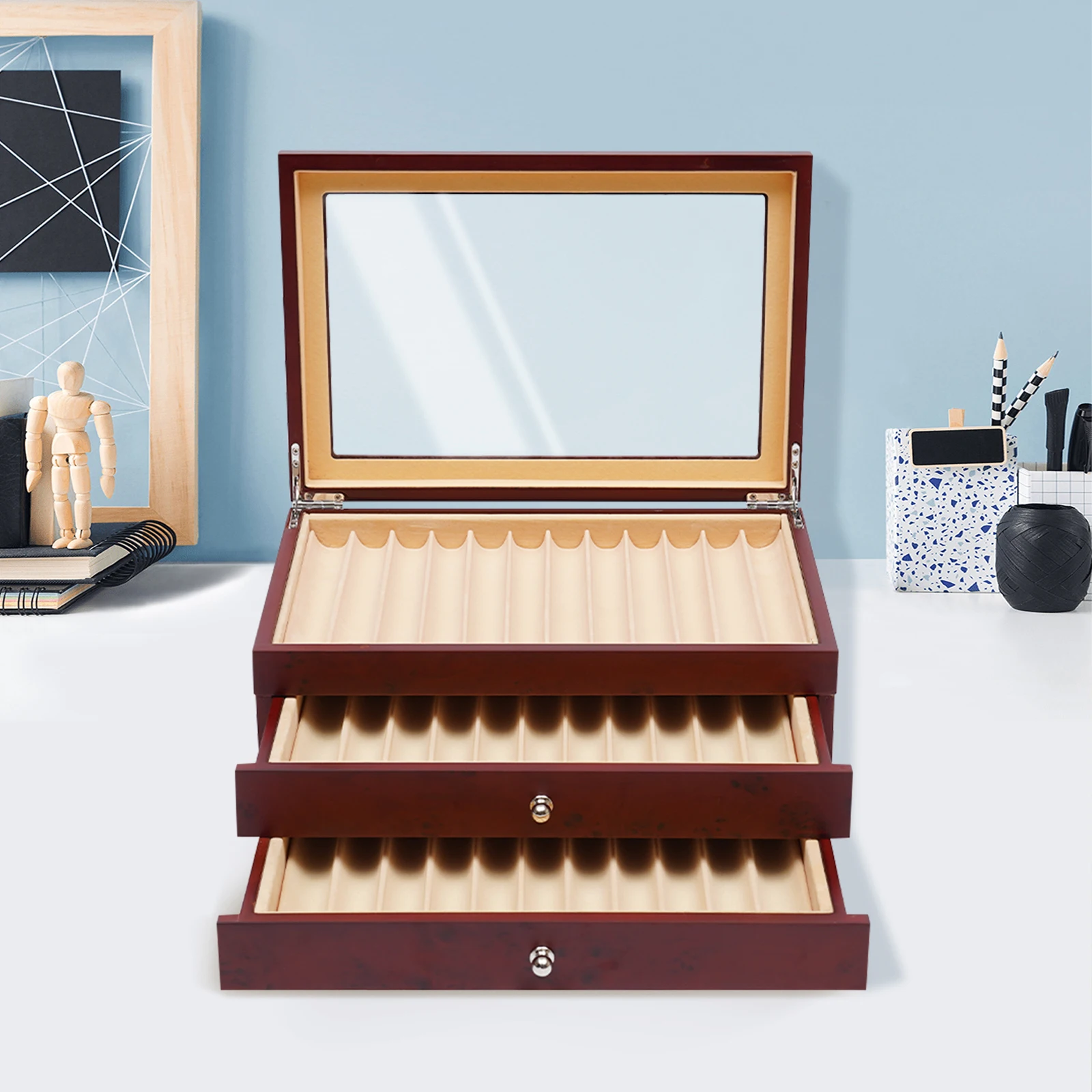 

Коробка для ручек с дисплеем, 3-ярусная, 34 отделения, красная, ретро-стиль, из МДФ под палисандр, с бархатной подкладкой, стеклянной крышкой, гальванизированными петлями, без сборки