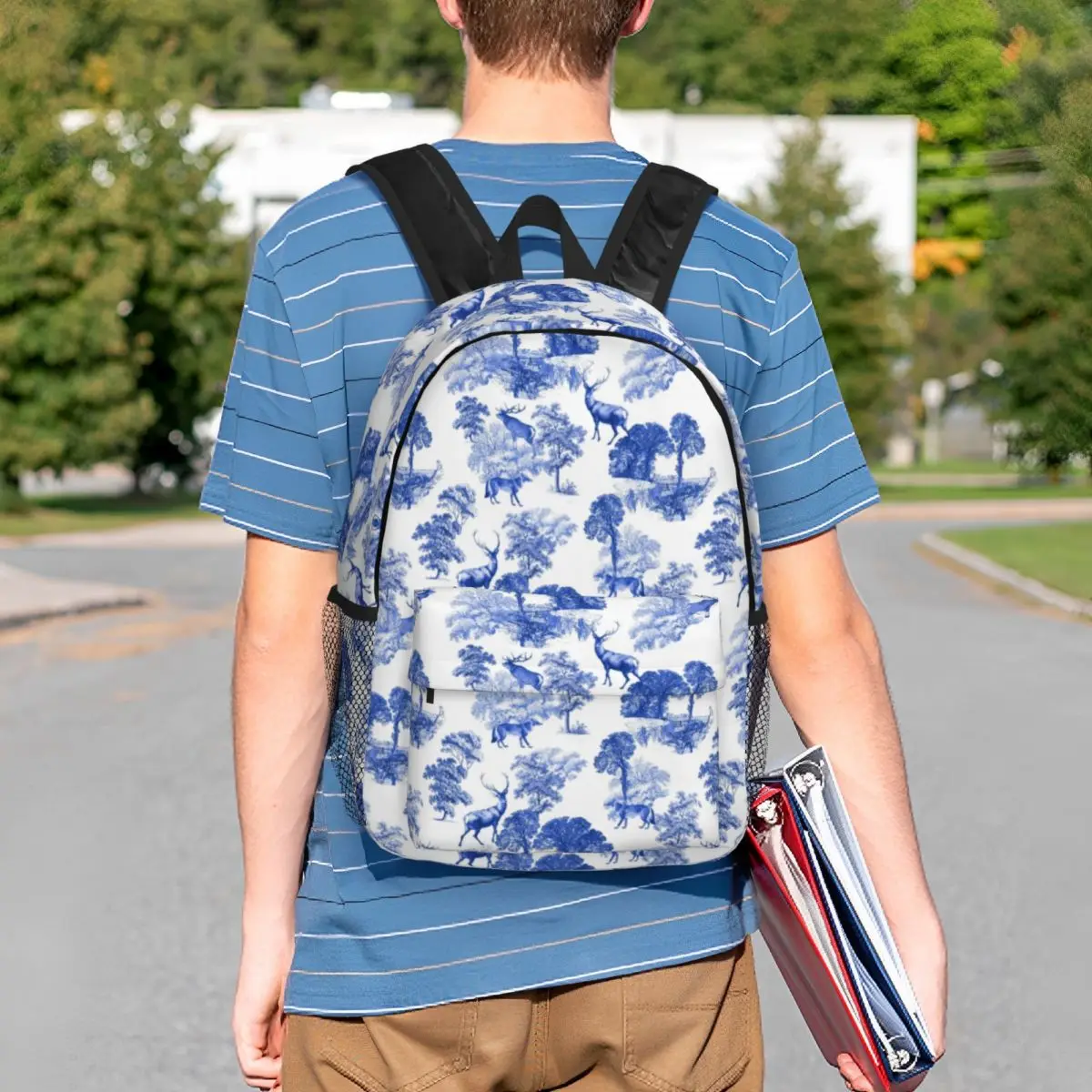 Blue French Toile Deer In Forest zaino Toile De Jouy campagna College School borse da viaggio Bookbag adatto a Laptop da 15 pollici