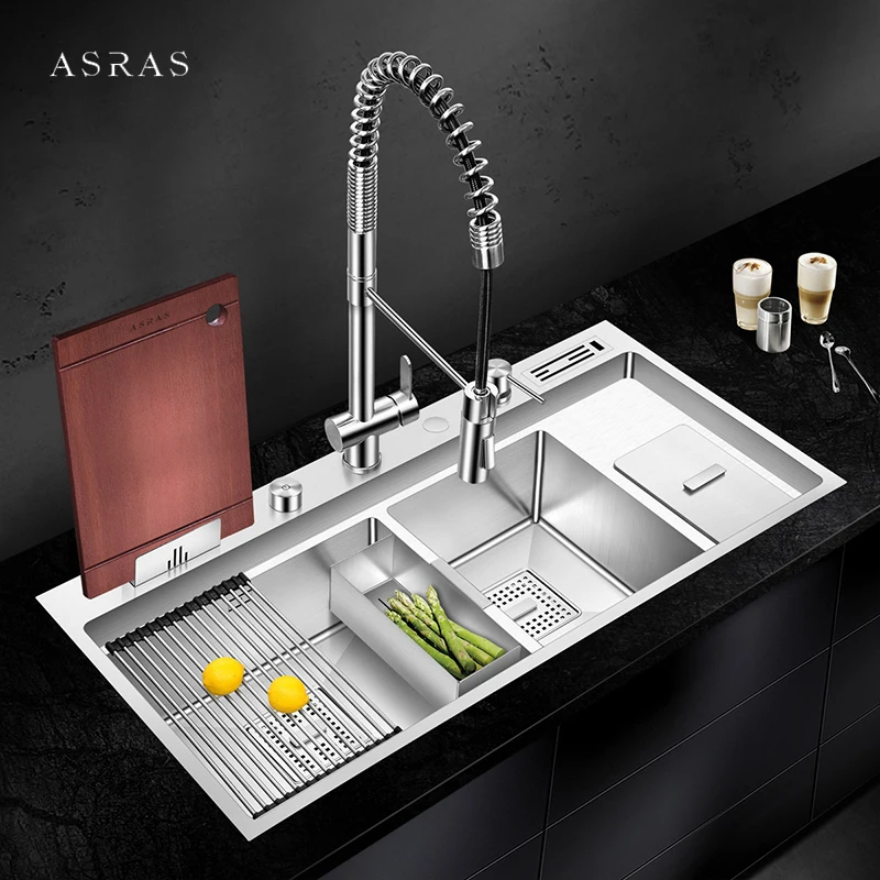 ASRAS Double Kitchen Sink SUS 304 Stainless Steel 4mm Thickness Handmade Brushed Large Size Two Bowl Kitchen Sink With Trash Can