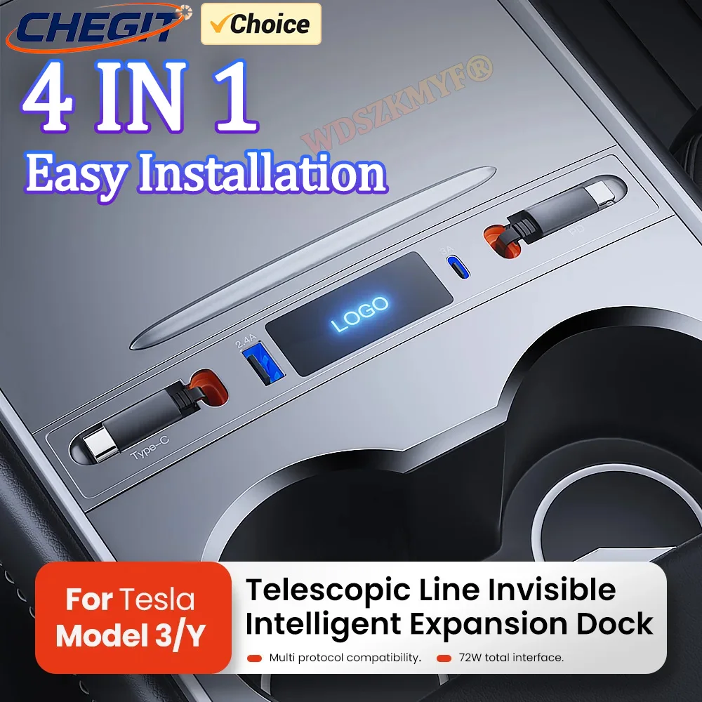 

4 в 1 для Tesla Model 3 Model Y Автомобильное USB-зарядное устройство TypeC 27 Вт PD Type C QC 3.0 с выдвижным кабелем USB-адаптер центральной консоли