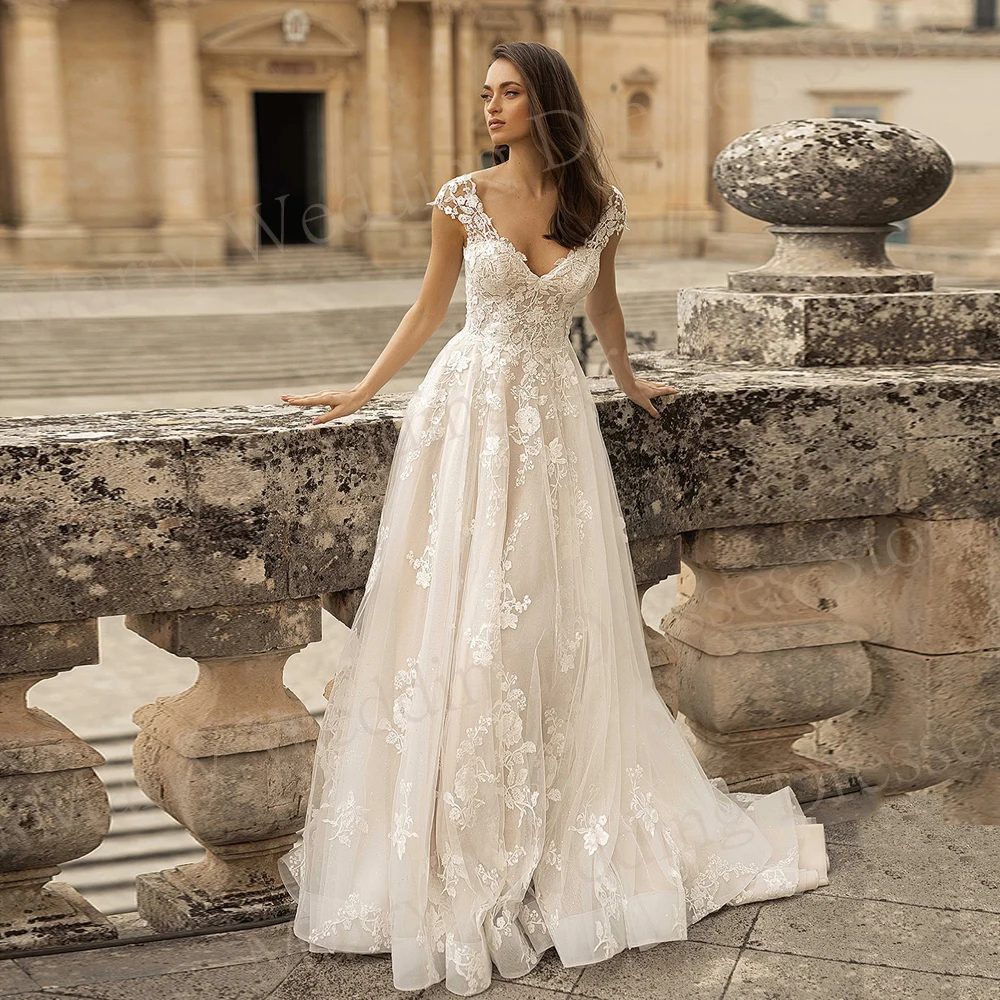 Vestido De novia De corte en A para mujer, traje con Apliques De encaje, escote en V, manga corta, 2024