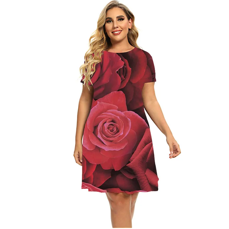 3D Rosa Rose Floral Print Kleider Frauen 2023 Mode Sommer Blume Thema Kurzarm Kleid Streetwear Lose Plus Größe Kleidung