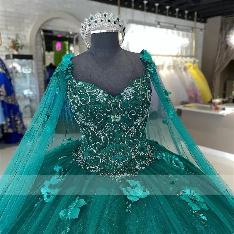 Lorencia-ثوب كروي أخضر لامع من Quinceanera ، ثوب كرة أخضر ، مزين بالترتر الزهور ، مزين بالخرز الحلو 16 ، 15 سنة ، YQD171