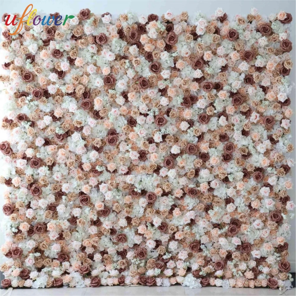 

Uflower Royal Luxury 3D brown rose peony artificial flower wall roll curtain fabric Birthday party wedding background decoration