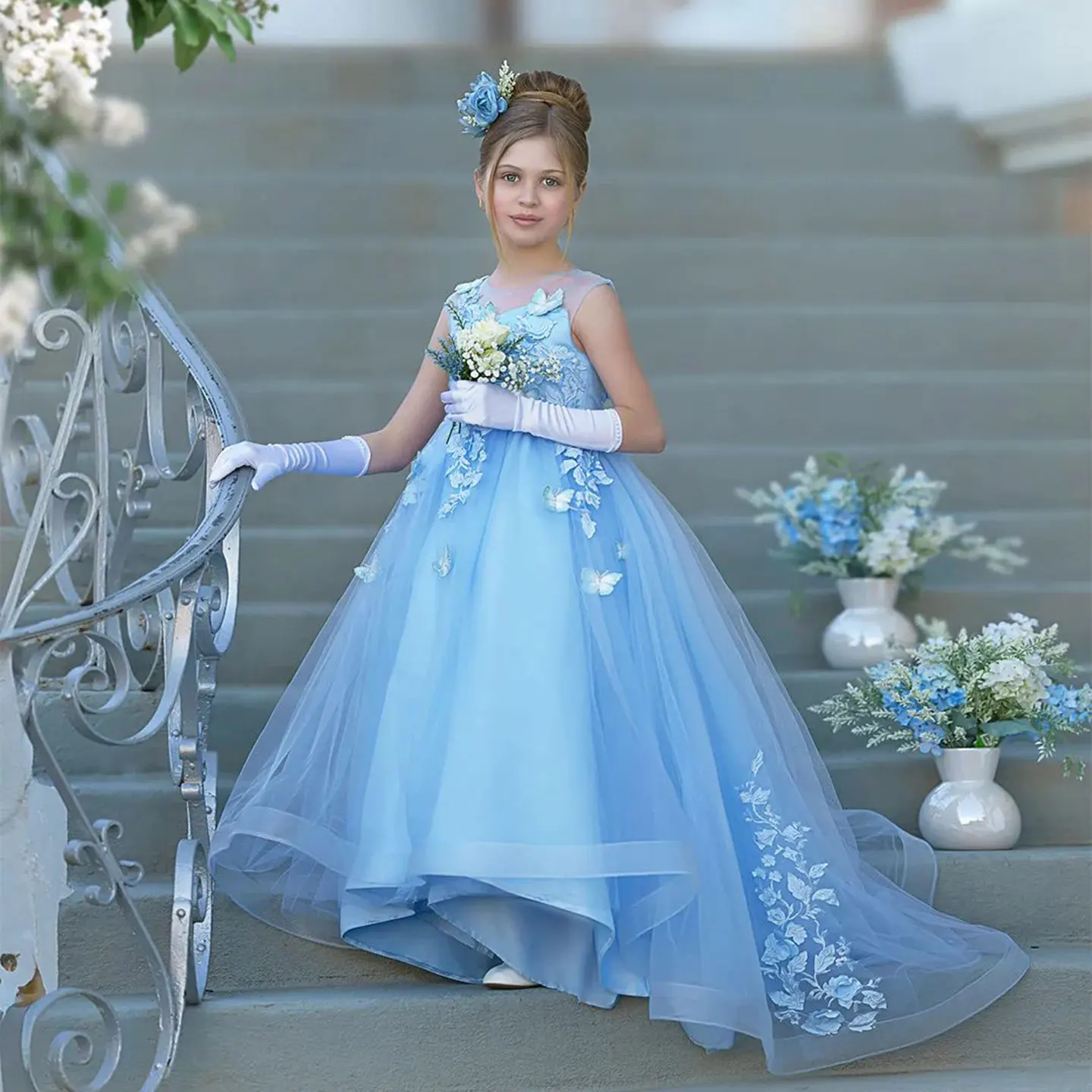 Jill Wish Elegant Blue Girl Dress with Butterfly Long Kids Princess Birthday Wedding Party First Communion Ball Gown J021